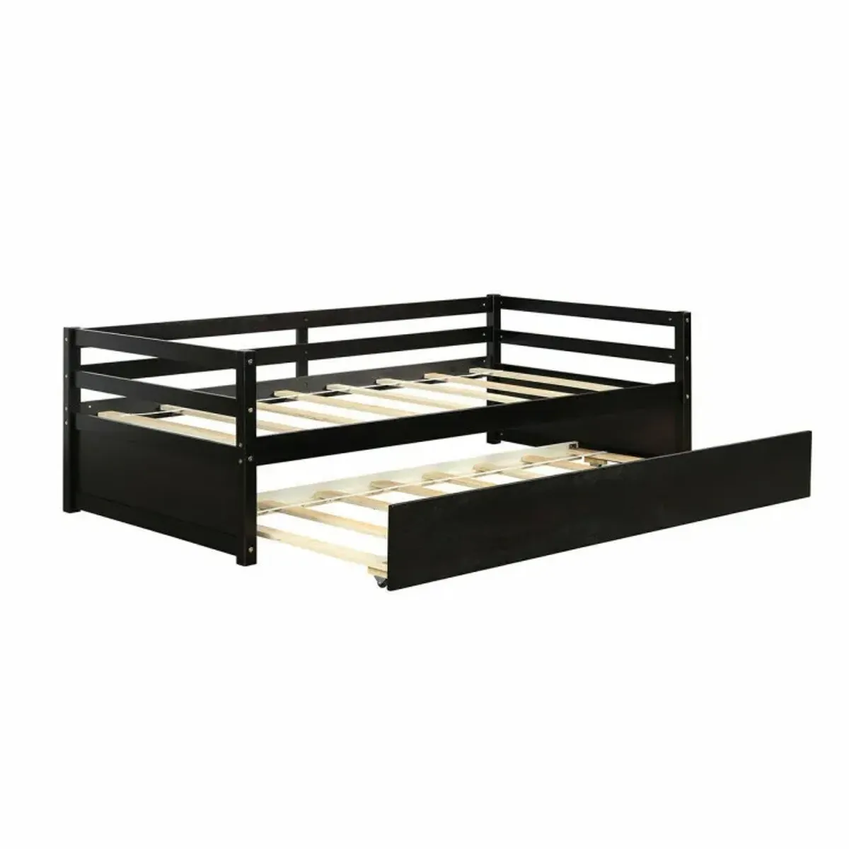 Twin Size Trundle Platform Bed Frame with  Wooden Slat Support