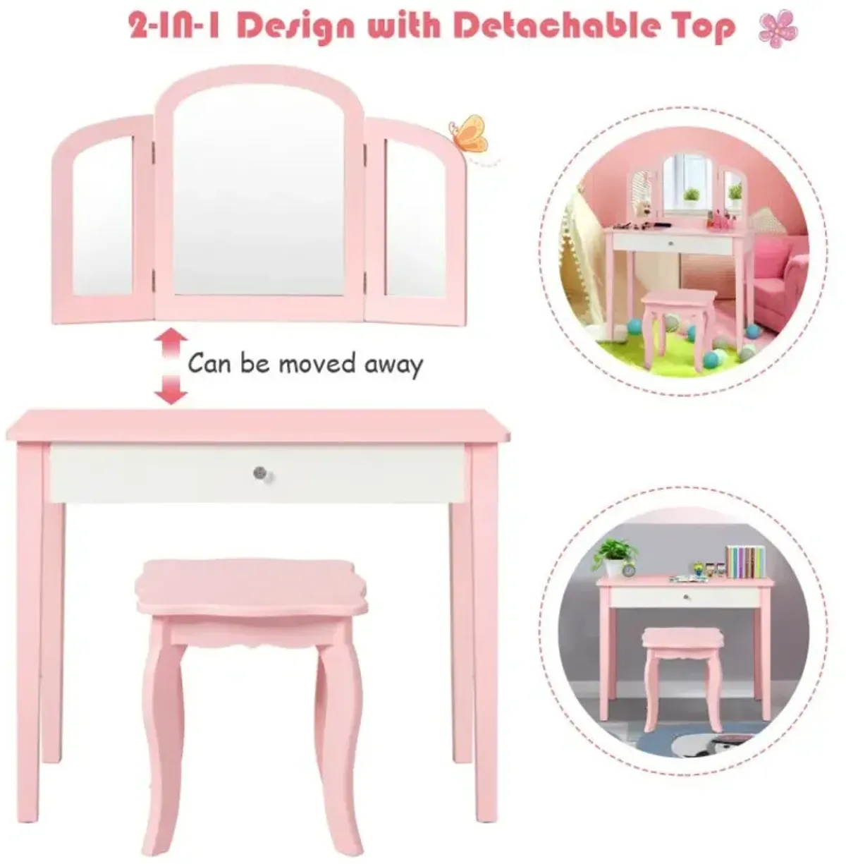 Kids Princess Make-Up Dressing Table with Tri-folding Mirror and Chair