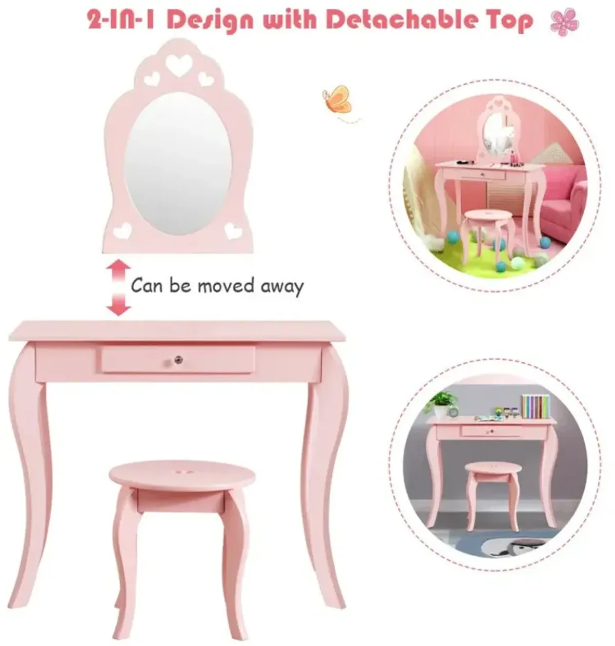 Kids Princess Makeup Dressing Play Table Set with Mirror