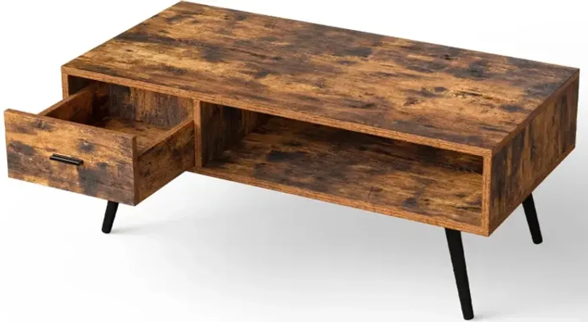 Retro Rectangular Coffee Table with Drawer and Storage Shelf