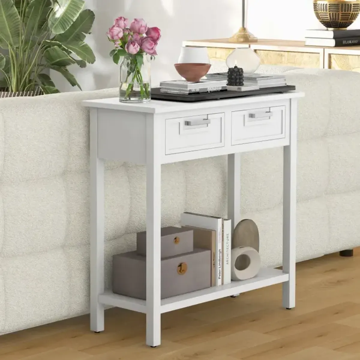 Narrow Console Table with Drawers and Open Storage Shelf