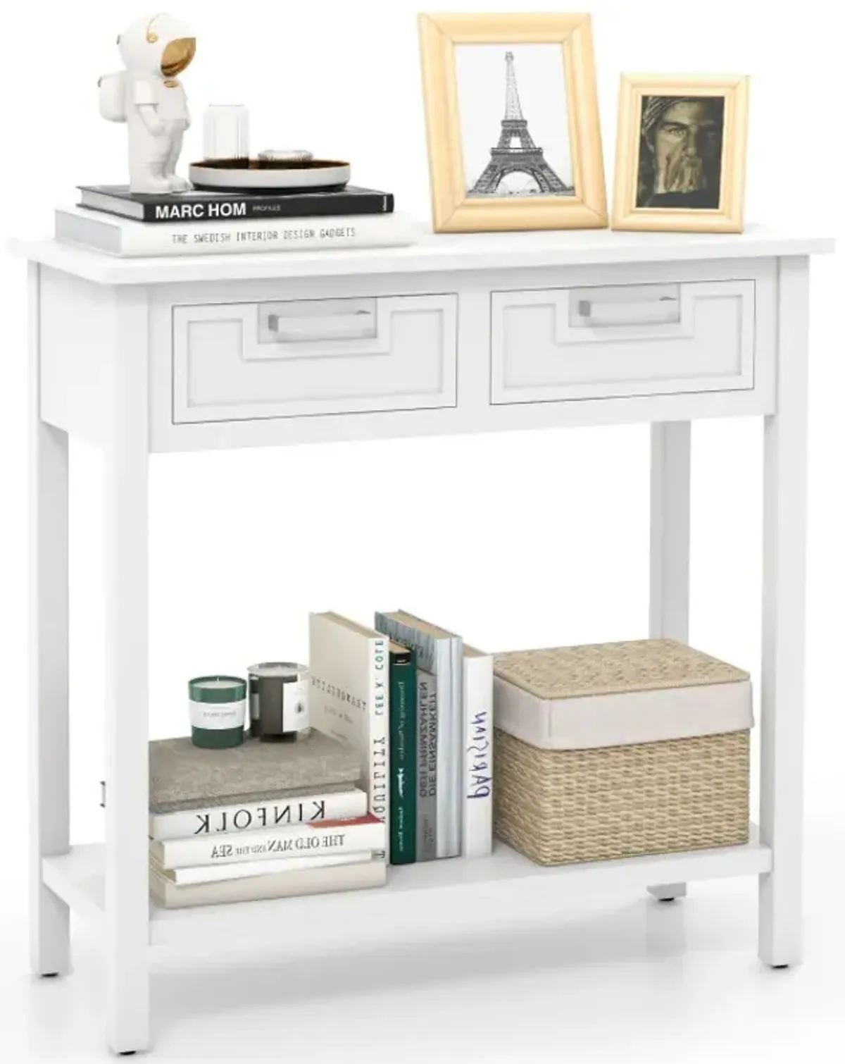 Narrow Console Table with Drawers and Open Storage Shelf
