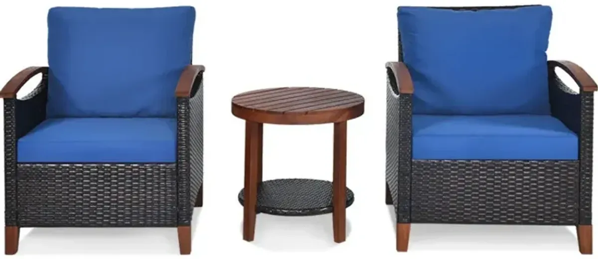 3 Pieces Patio Wicker Furniture Set with Washable Cushion and Acacia Wood Tabletop