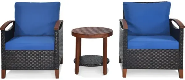 3 Pieces Patio Wicker Furniture Set with Washable Cushion and Acacia Wood Tabletop