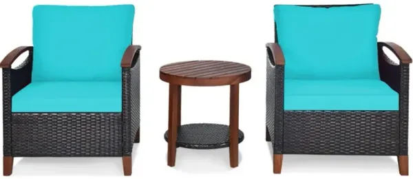 3 Pieces Patio Wicker Furniture Set with Washable Cushion and Acacia Wood Tabletop
