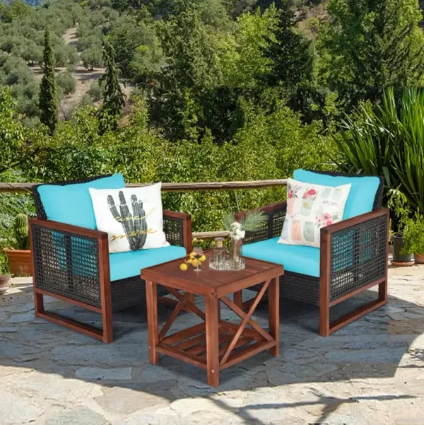 3 Pieces Acacia Wood Patio Furniture Set with Coffee Table