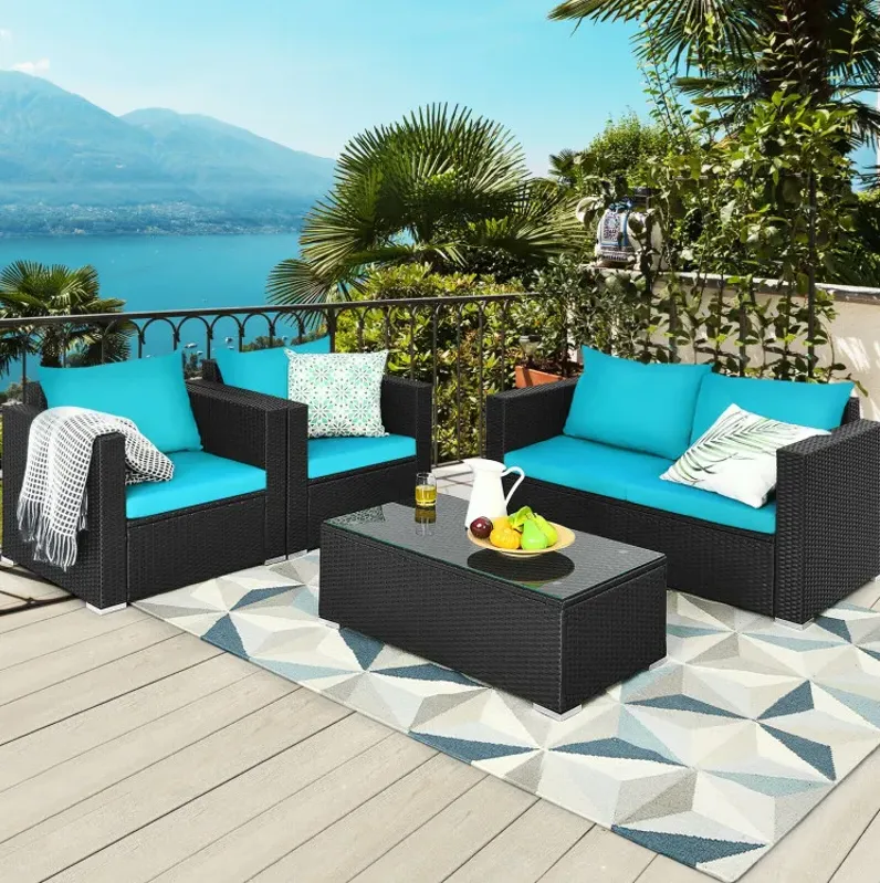 4 Pieces Patio Rattan Conversation Set with Padded Cushions