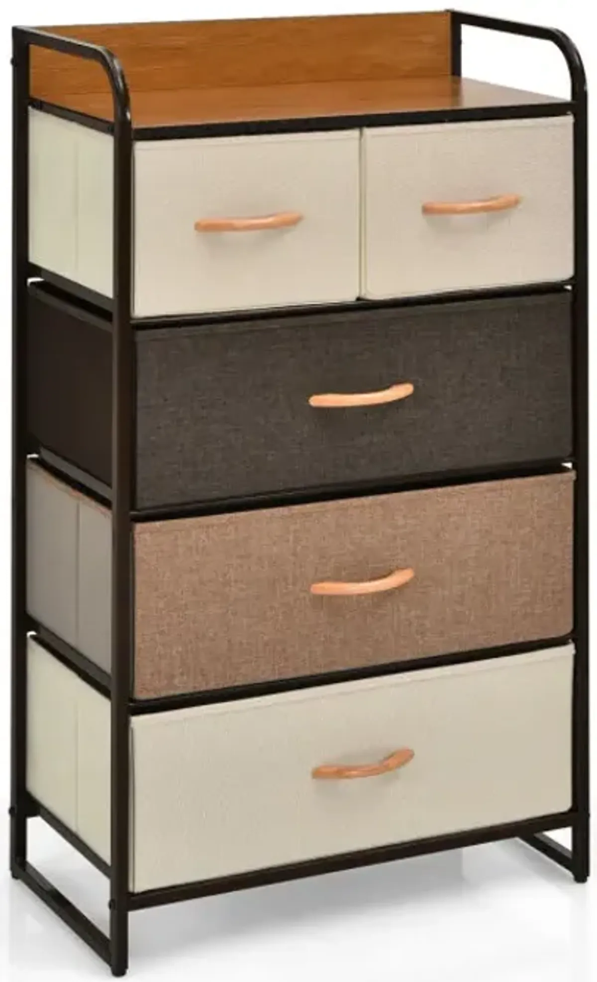 4-Tier Organizer Tower Steel Frame Wooden Top Storage with 5-Drawer Dresser