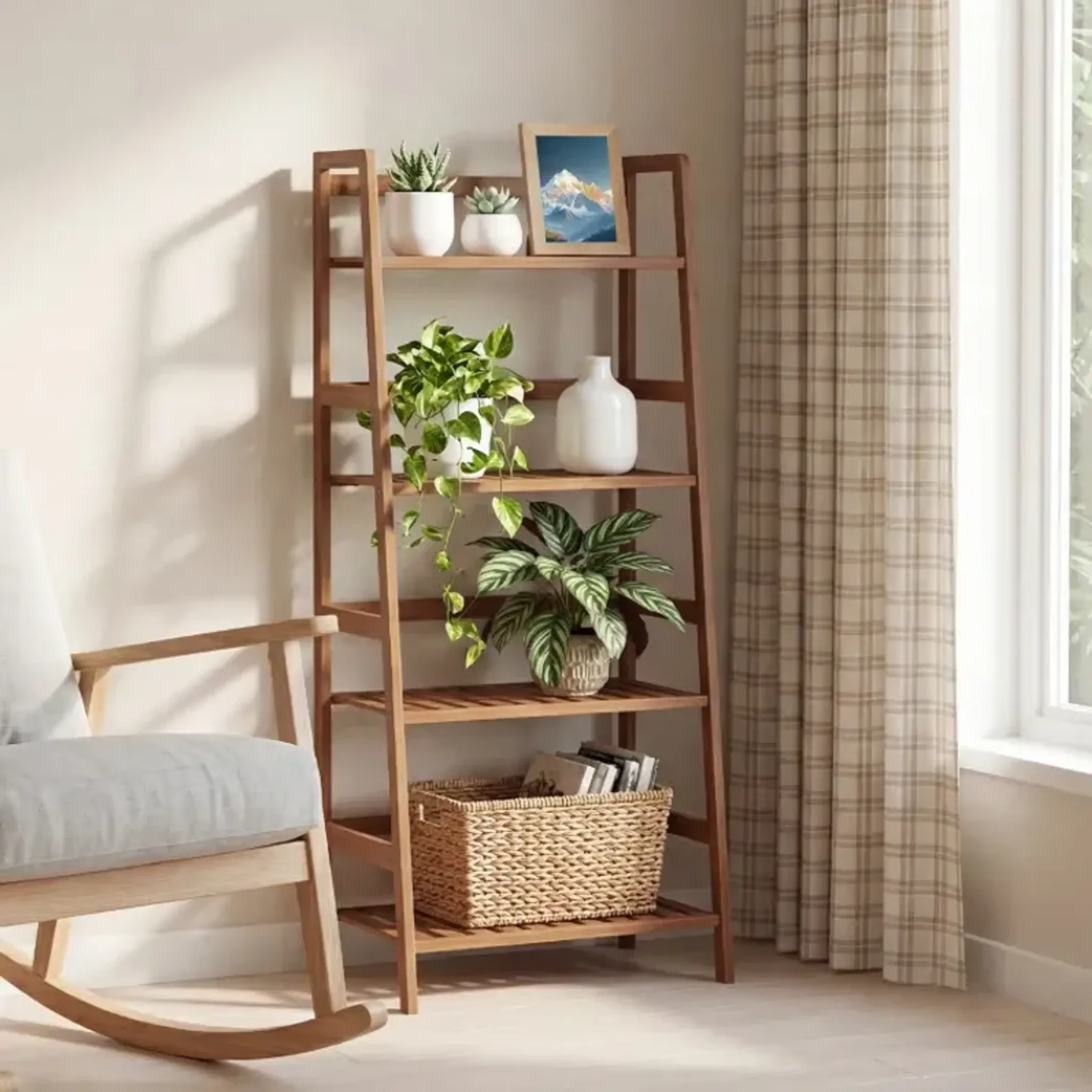 4-Tier Bamboo Plant Rack with Guardrails Stable and Space-Saving
