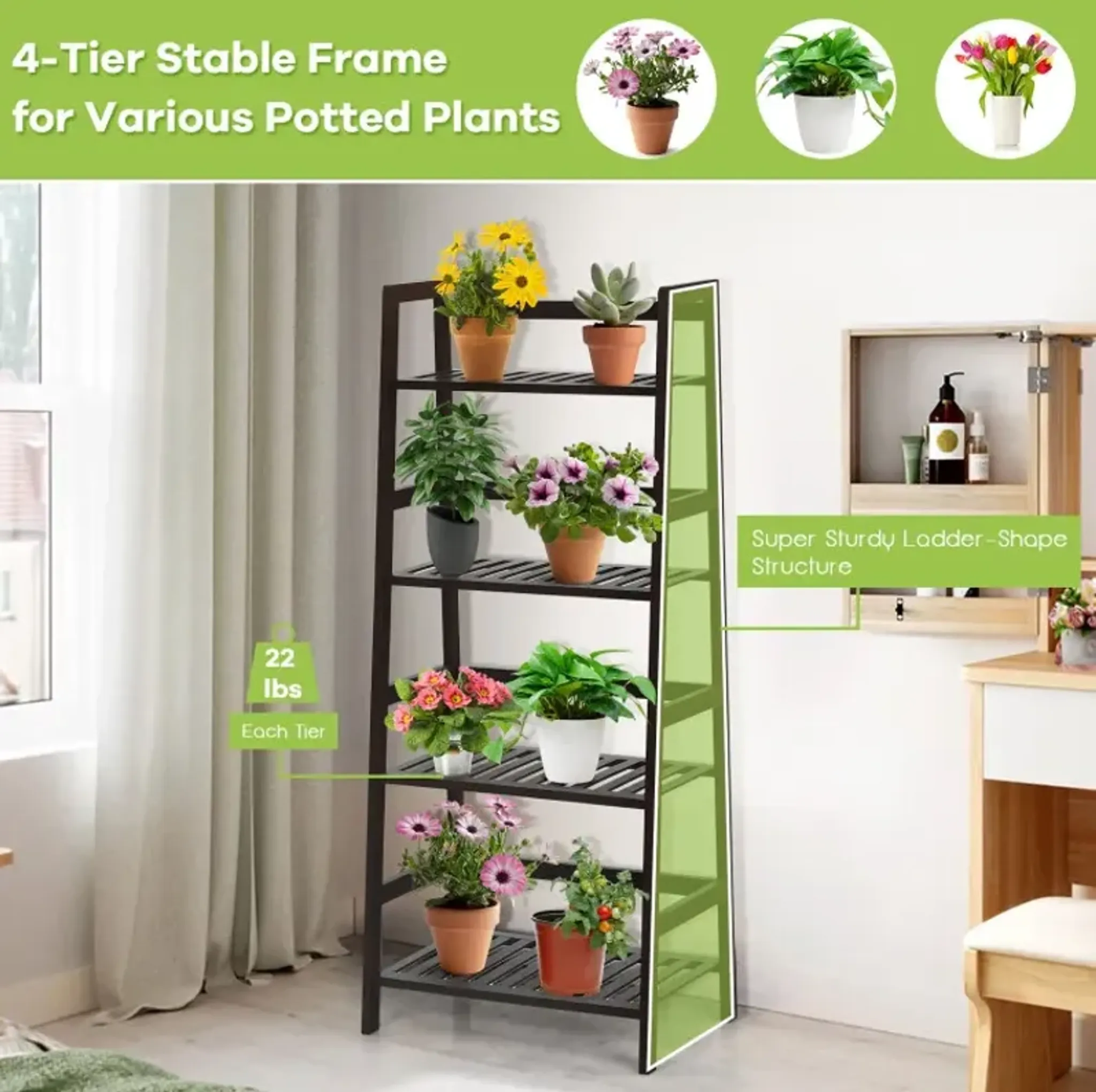 4-Tier Bamboo Plant Rack with Guardrails Stable and Space-Saving ...