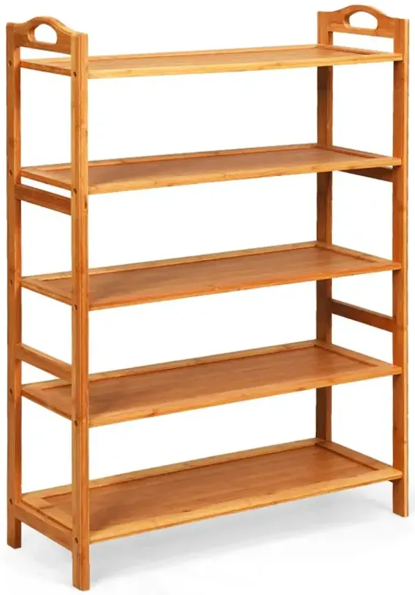 5 Tier Bamboo Shoe Rack with Two Rounded Handle for 15 Pairs