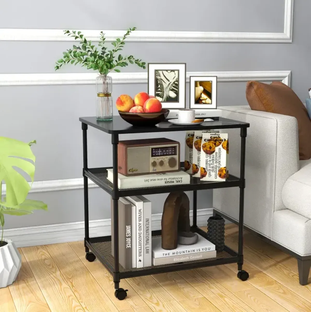 3 Tier Printer Stand Rolling Fax Cart with Adjustable Shelf and Wheels