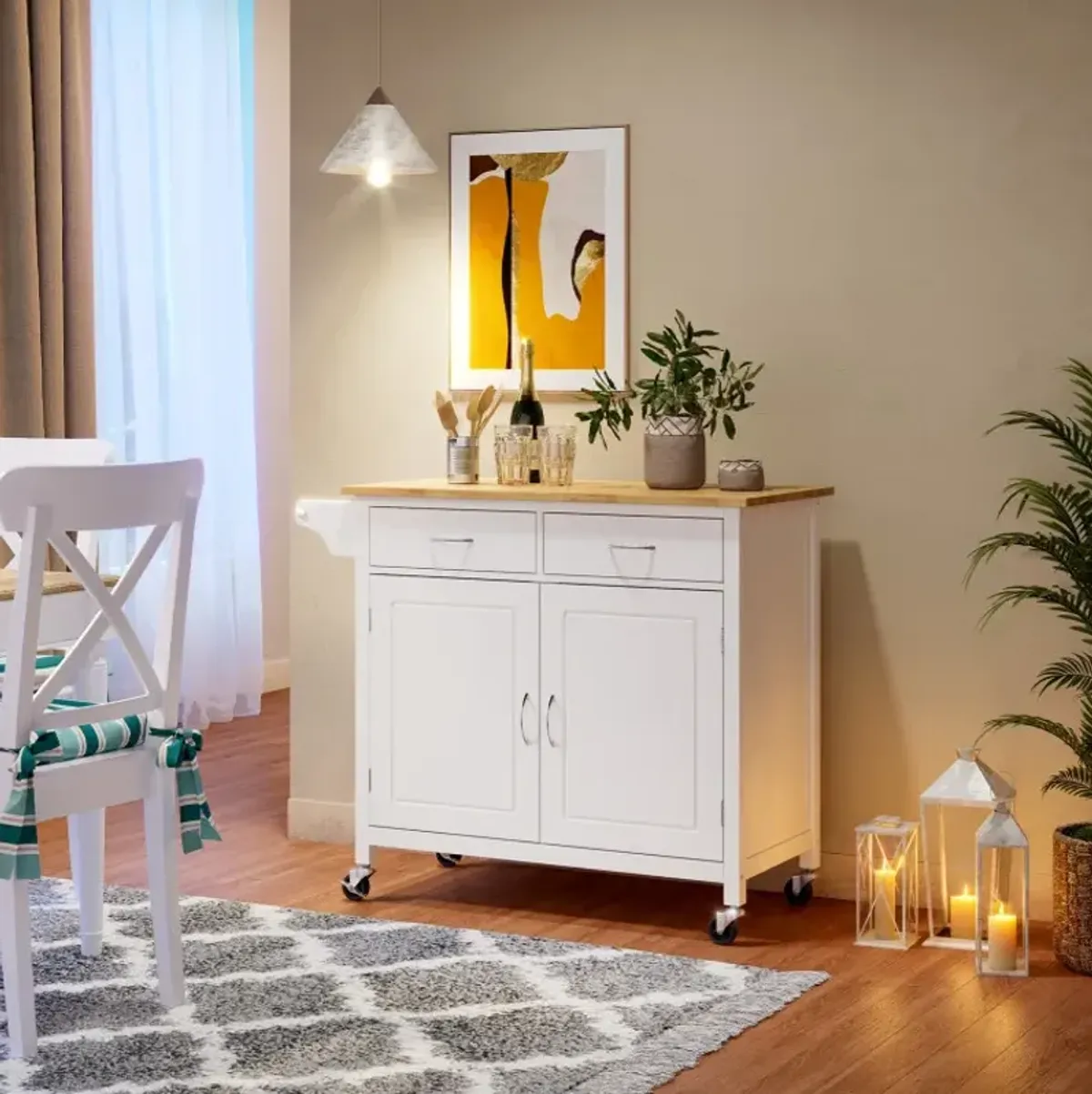 Modern Rolling Kitchen Cart Island with Wood Counter Top