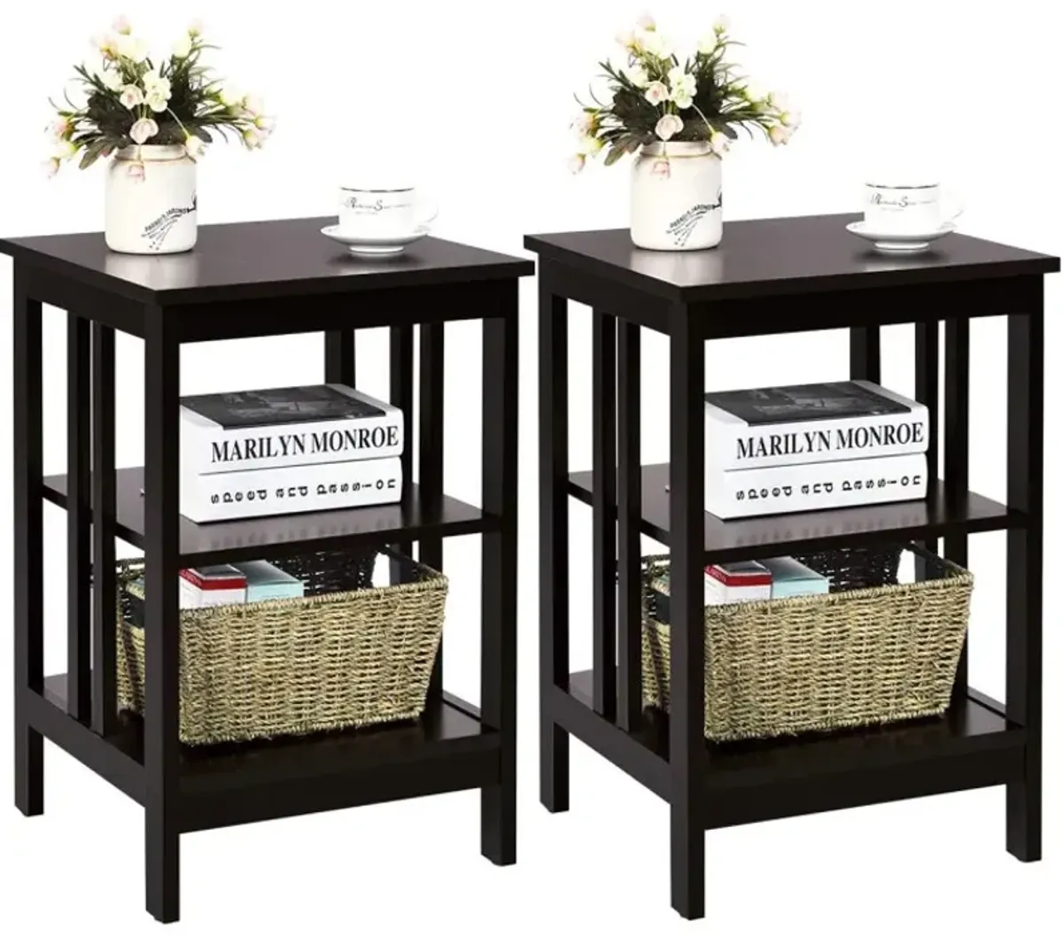 3-Tier Nightstand Set of 2 with Reinforced Bars and Stable Structure