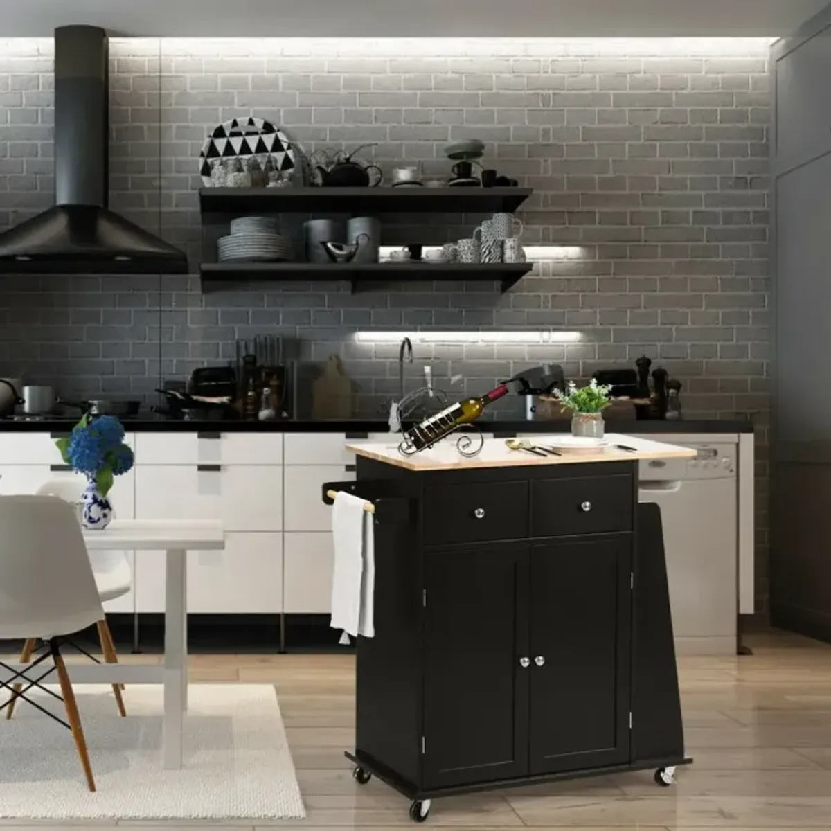 Rubber Wood Countertop Rolling Kitchen Island Cart