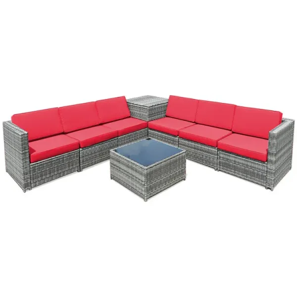 8 Pieces Wicker Sofa Rattan Dining Set Patio Furniture with Storage Table