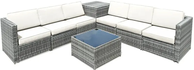8 Pieces Wicker Sofa Rattan Dining Set Patio Furniture with Storage Table