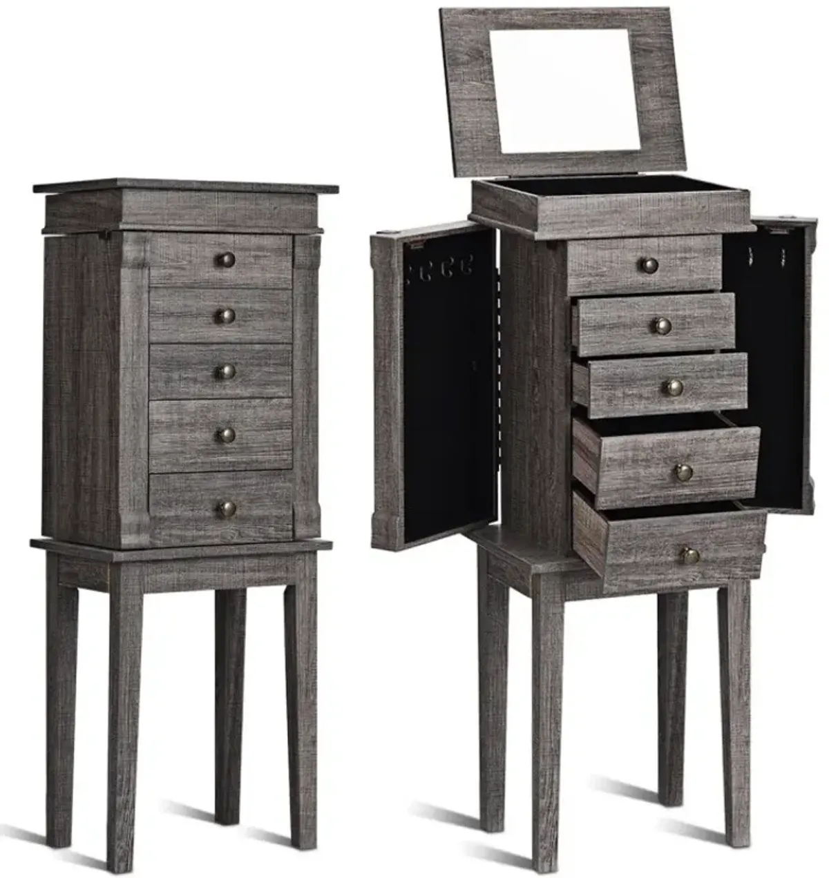 Standing Jewelry Cabinet with 5 Drawers and Top Flip Mirror