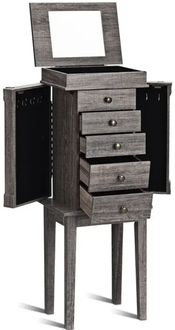 Standing Jewelry Cabinet with 5 Drawers and Top Flip Mirror