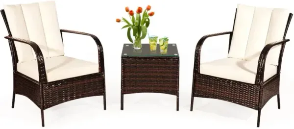 3 Pieces Patio Rattan Conversation Set with Glass Top Coffee Table and Cushions