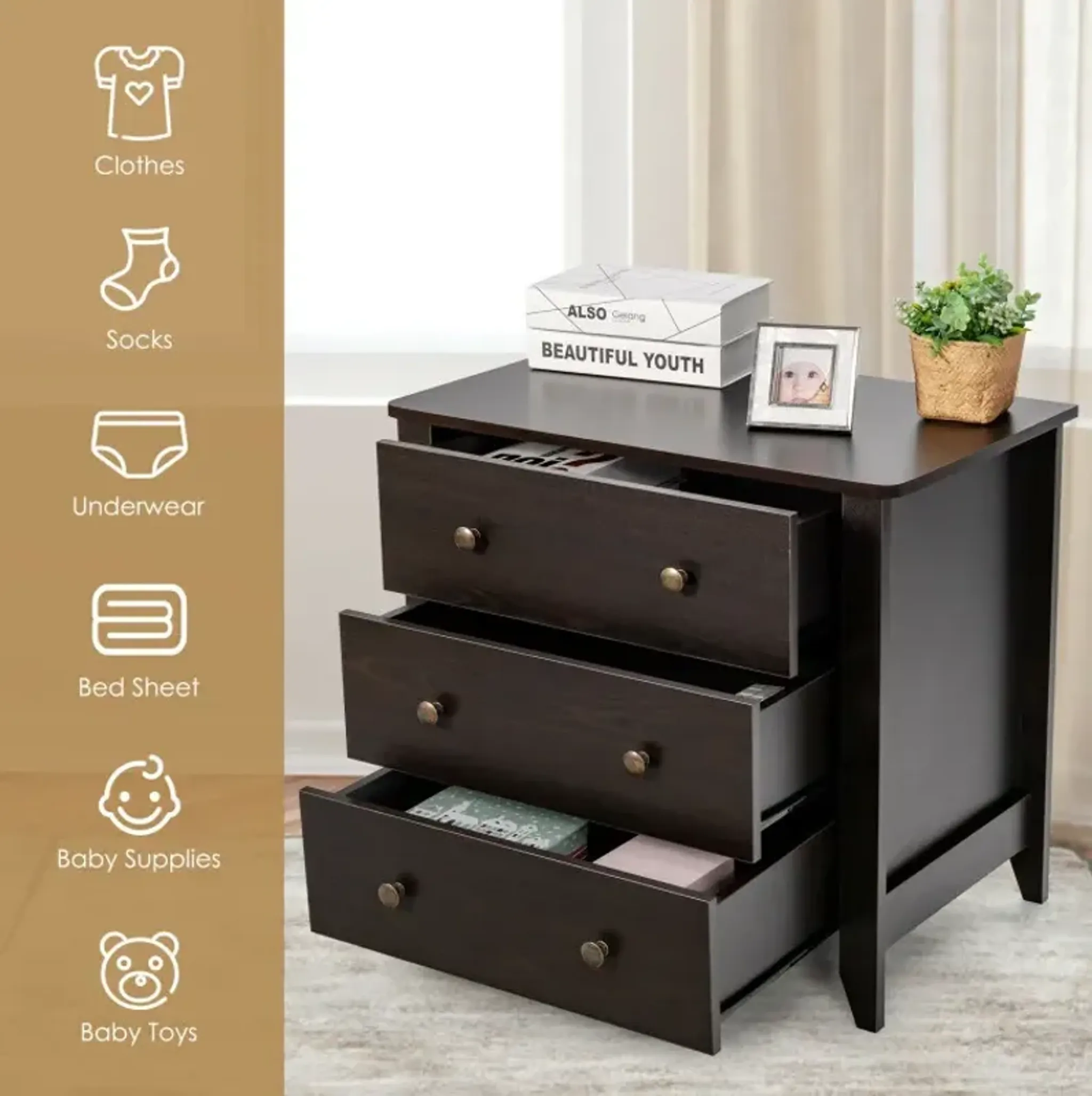 3 Drawer Dresser Chest Of Drawers Bedside Table Costway | Furniture.com