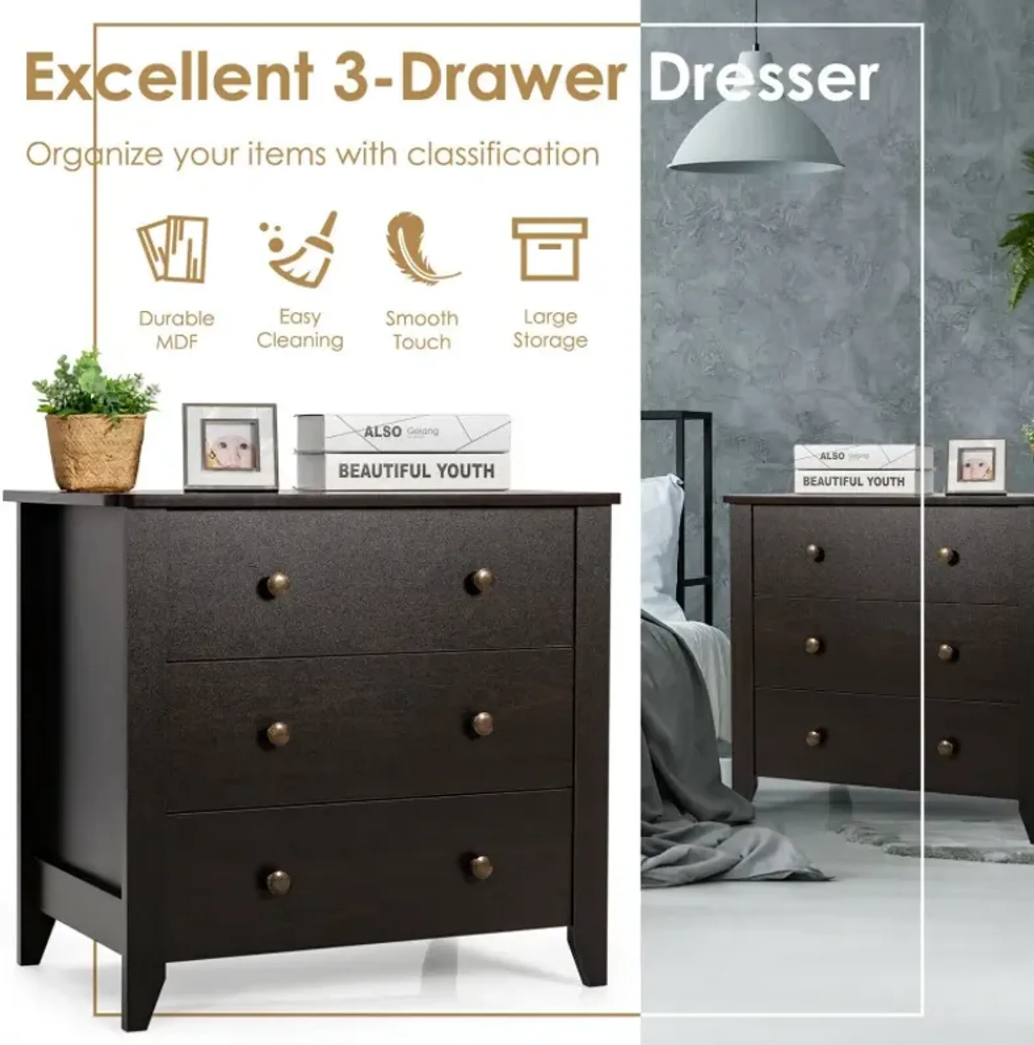 3 Drawer Dresser Chest Of Drawers Bedside Table Costway | Furniture.com