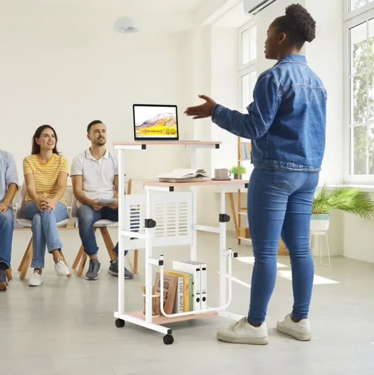 Height Adjustable Mobile Computer Stand-Up Desk with Two Modes