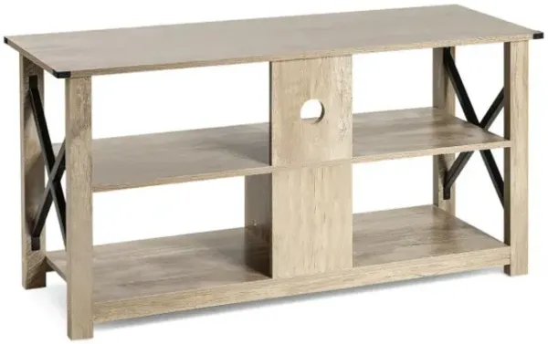 3 Tier Wood TV Stand for 55-Inch with Open Shelves and X-Shaped Frame