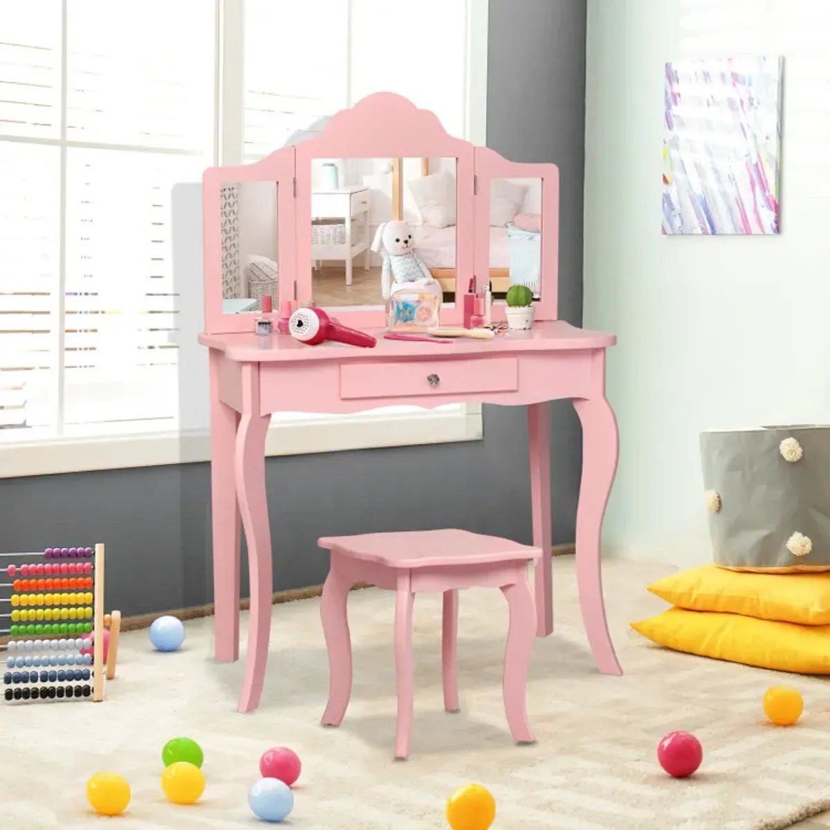 Kids Dressing Vanity Set with Detachable Tri-Folding Mirror and Stool