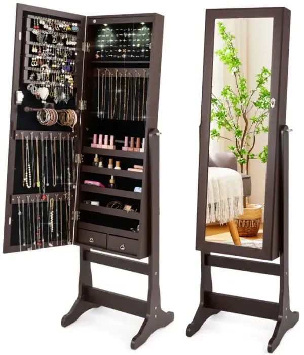 Lockable Mirrored Jewelry Cabinet with Stand and 2 LED Lights