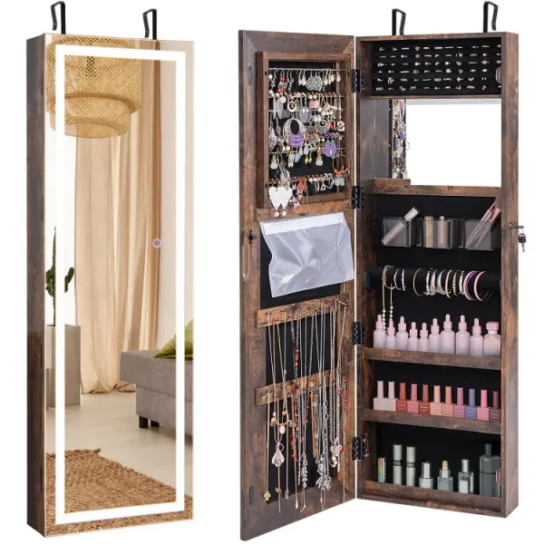Mirrored Jewelry Armoire with Full Length Mirror and 2 Internal LED Lights