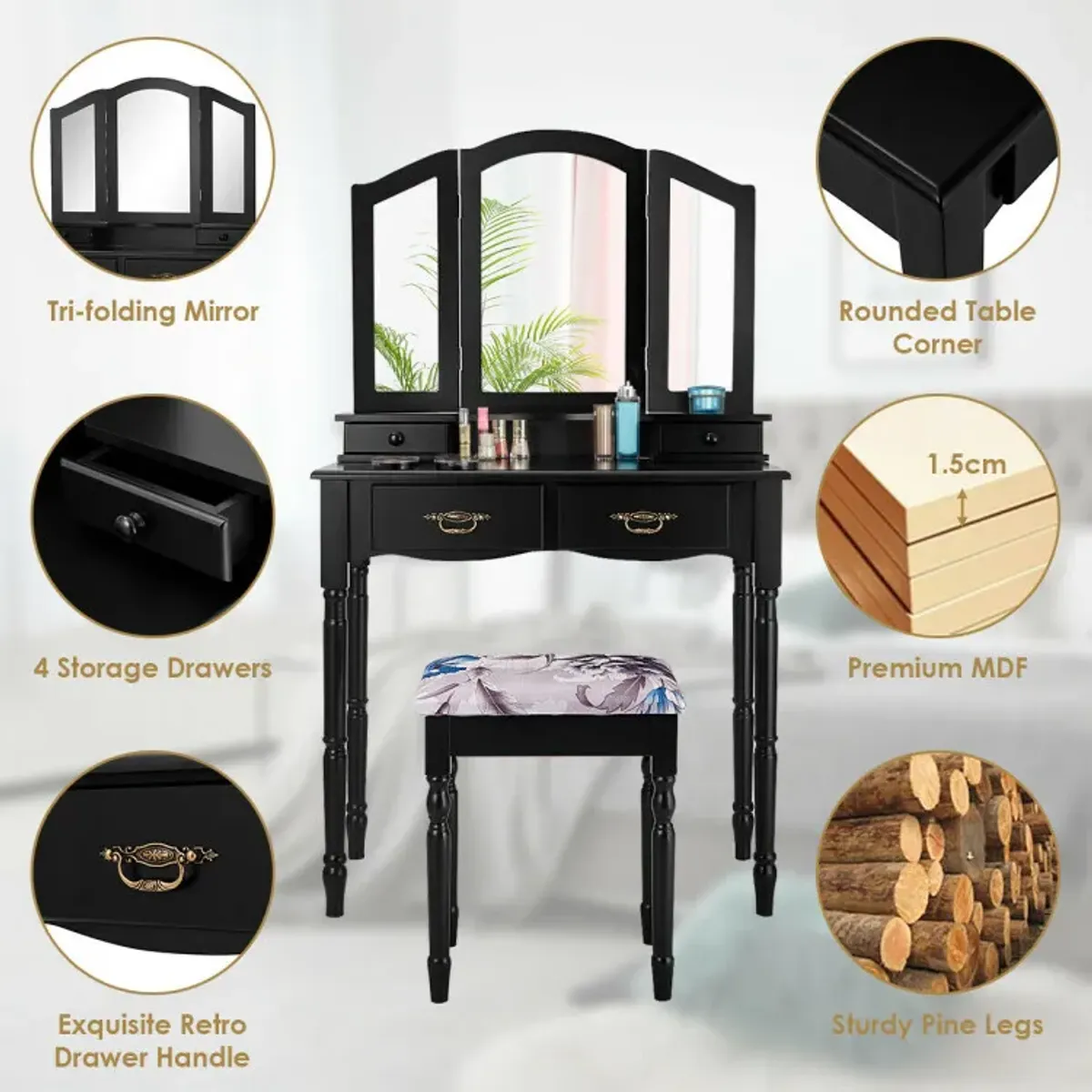 Simple Vanity Set with Tri-Folding Mirror Drawers and Storage Shelf