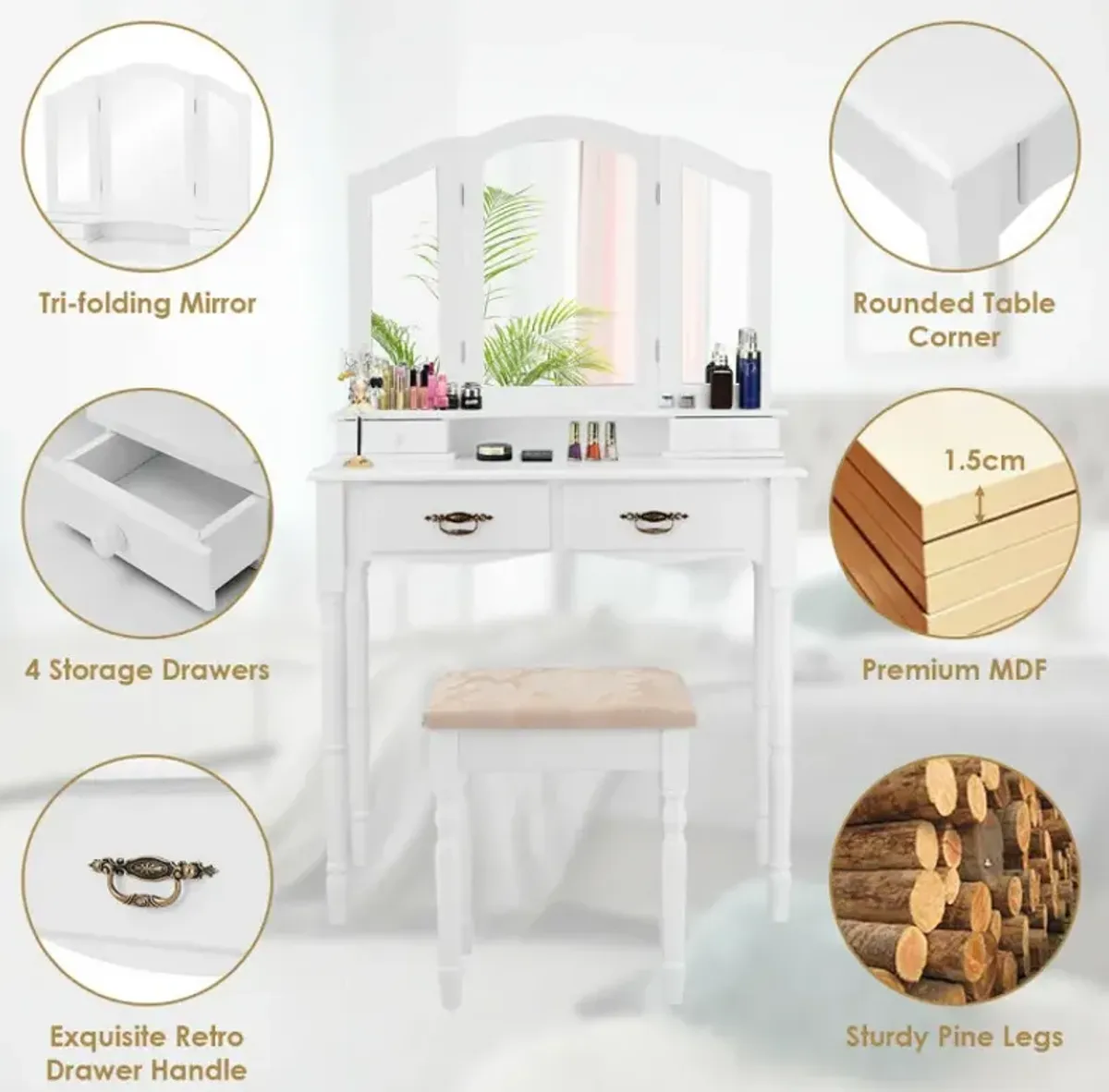 Simple Vanity Set with Tri-Folding Mirror Drawers and Storage Shelf