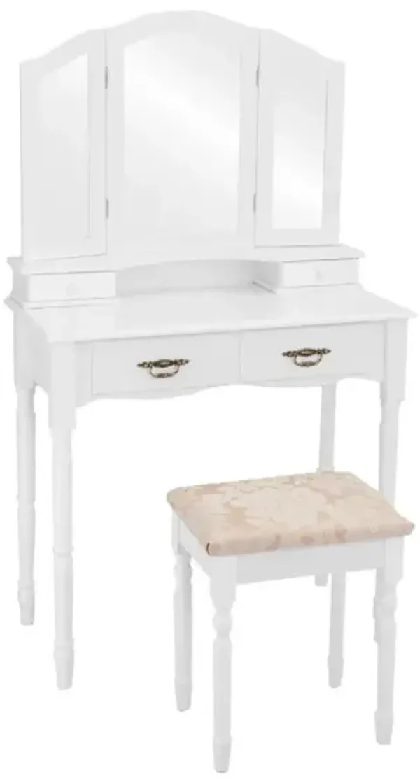 Simple Vanity Set with Tri-Folding Mirror Drawers and Storage Shelf