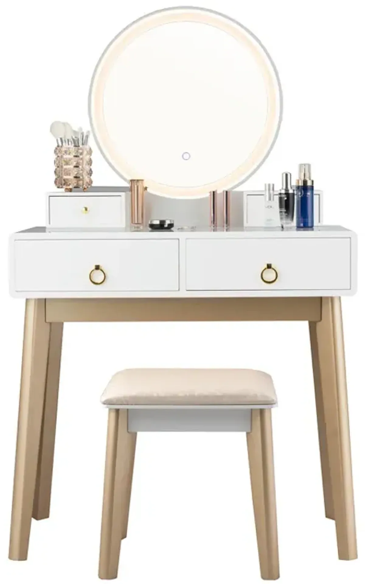 Makeup Vanity Table Set with Touch Screen Dimming Mirror and 3 Color Lighting Modes