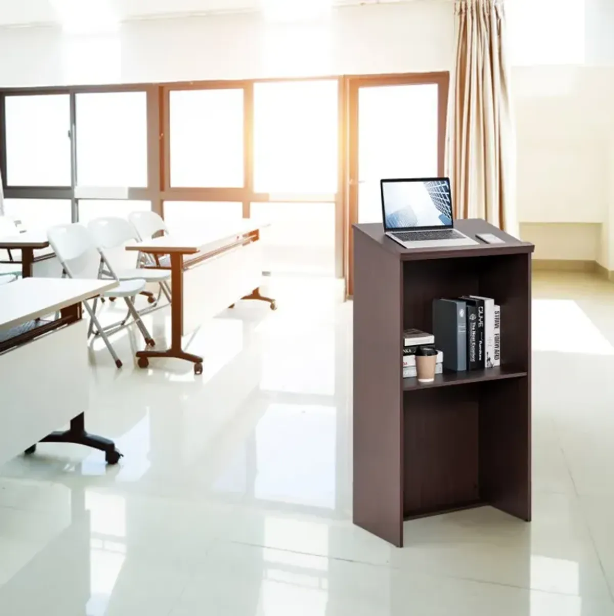 Wooden Floor Standing Podium Speaking Lectern with Adjustable Shelf