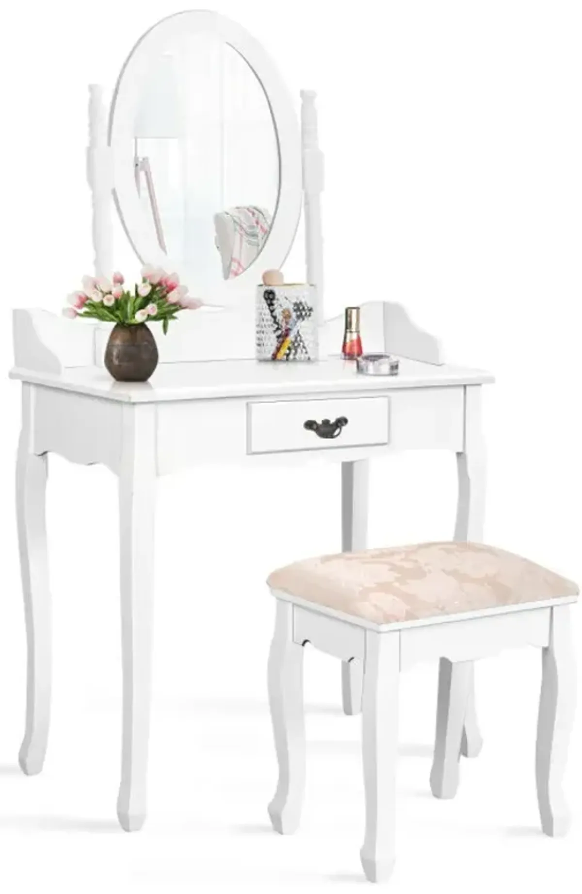Wooden Vanity Table Set with Oval Mirror and Cushioned Stool