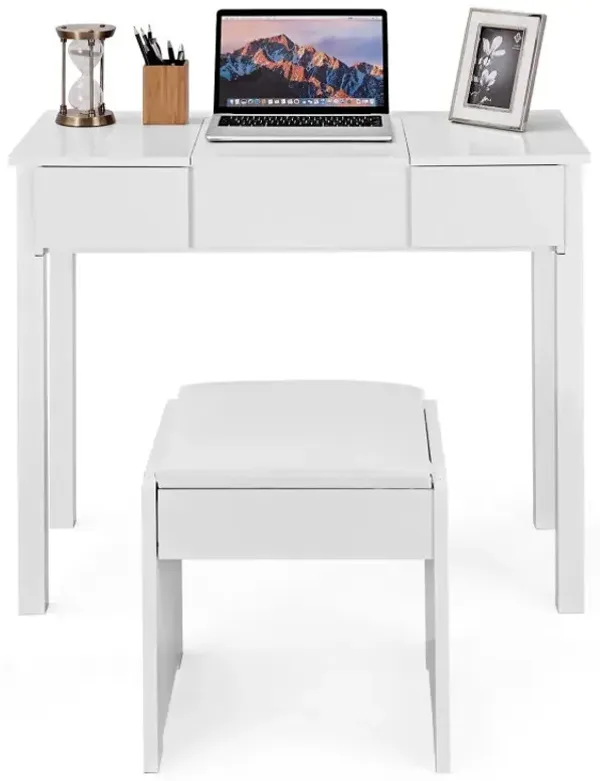 Vanity Makeup Dressing Table Set with Flip Top Mirror and Cushioned Stool