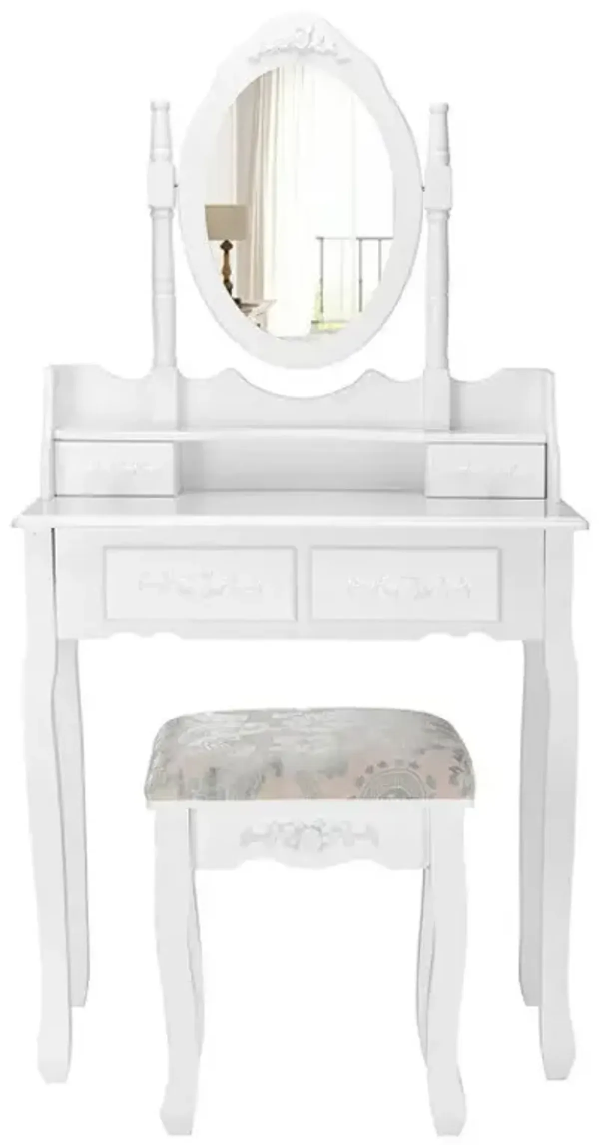 Vanity Table Set with Oval Mirror and 4 Drawers and Cushioned Stool