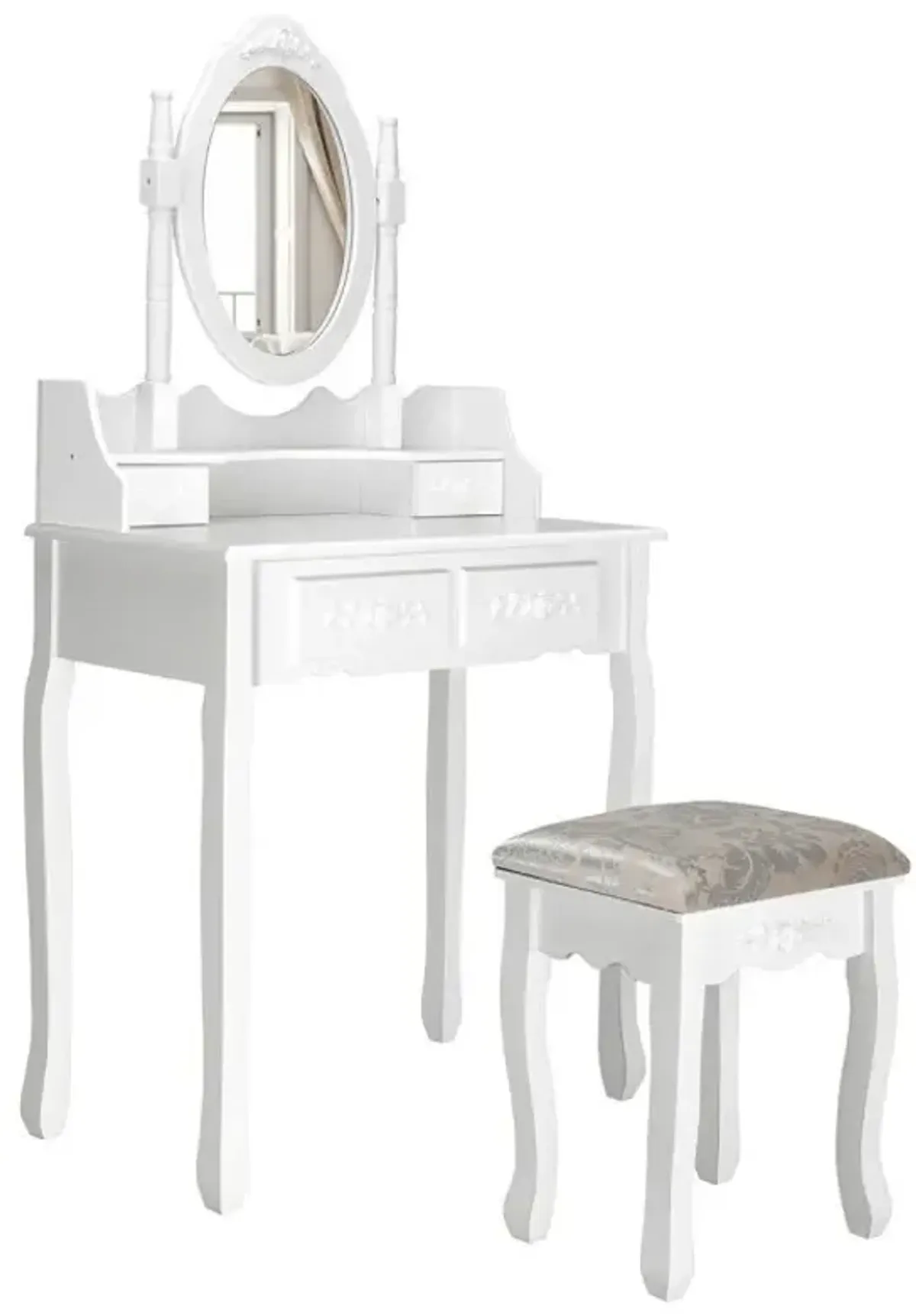 Vanity Table Set with Oval Mirror and 4 Drawers and Cushioned Stool