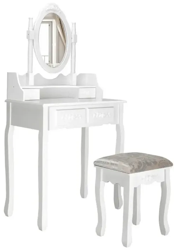 Vanity Table Set with Oval Mirror and 4 Drawers and Cushioned Stool