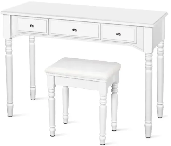 Makeup Dressing Table with Tri-Folding Mirror and Cushioned Stool for Women