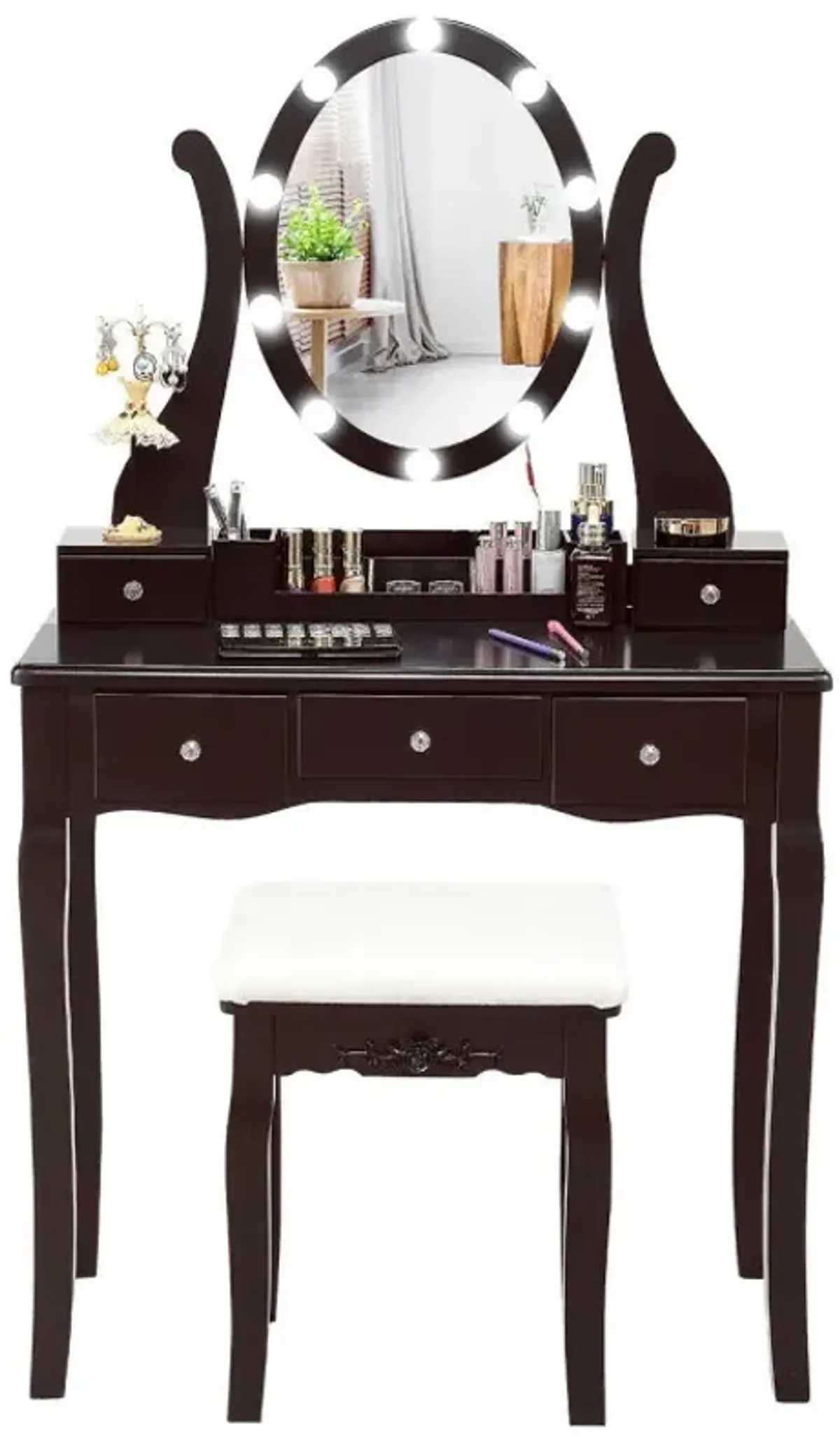 10 Dimmable Lights Vanity Table Set with Lighted Mirror and Cushioned Stool