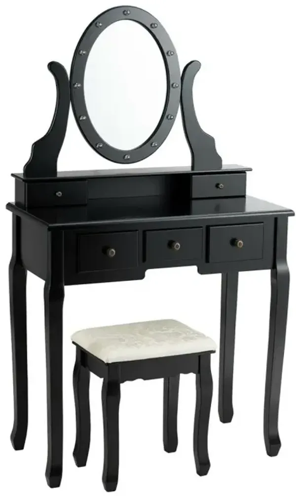 5 Drawers Vanity Table Stool Set with 12-LED Bulbs