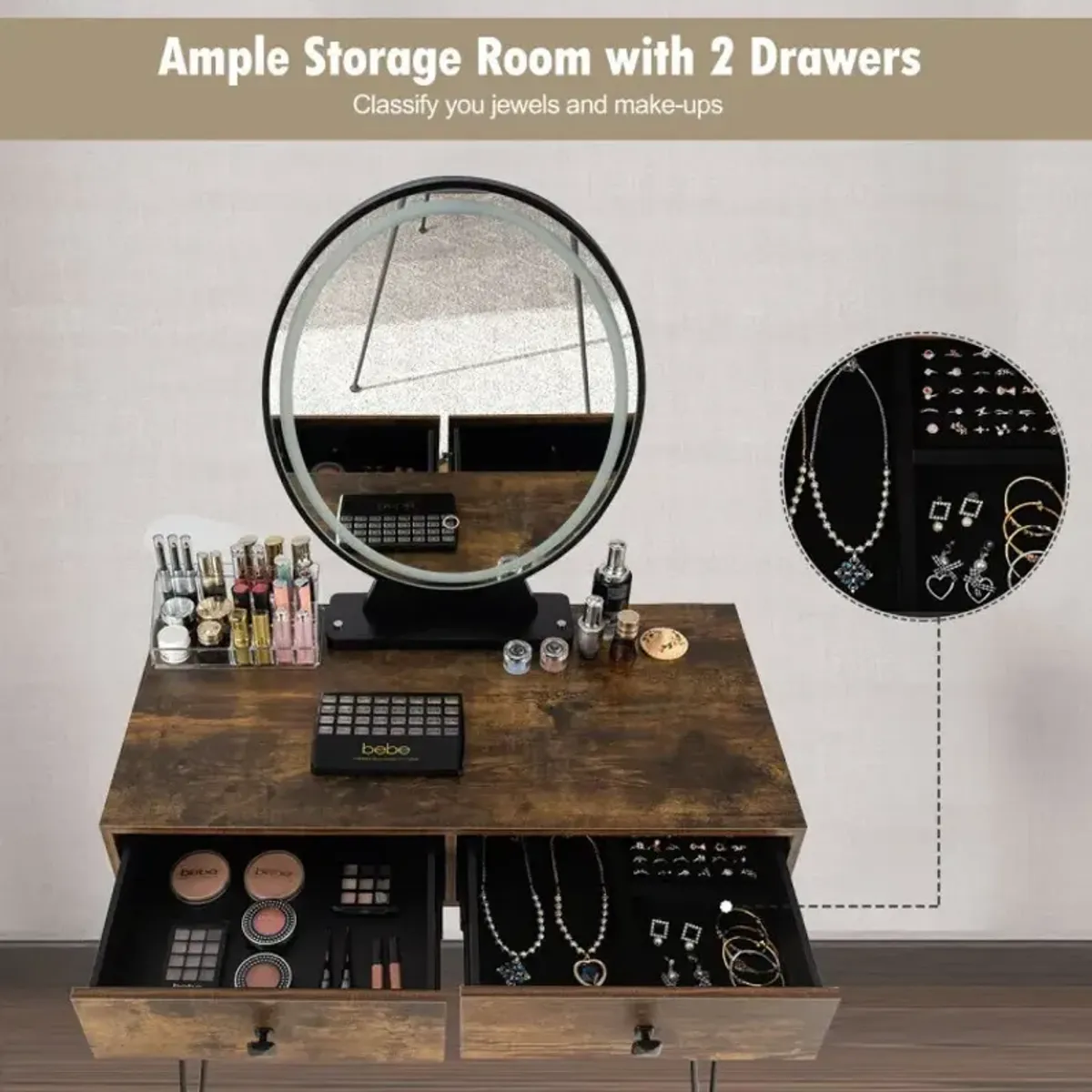 Industrial Makeup Dressing Table with 3 Lighting Modes