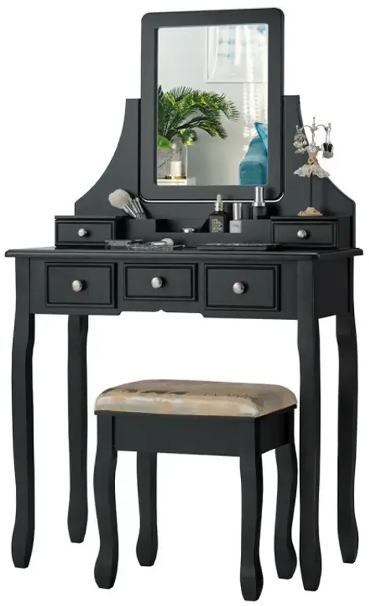 Makeup Vanity Set with Mirror and Cushioned Stool