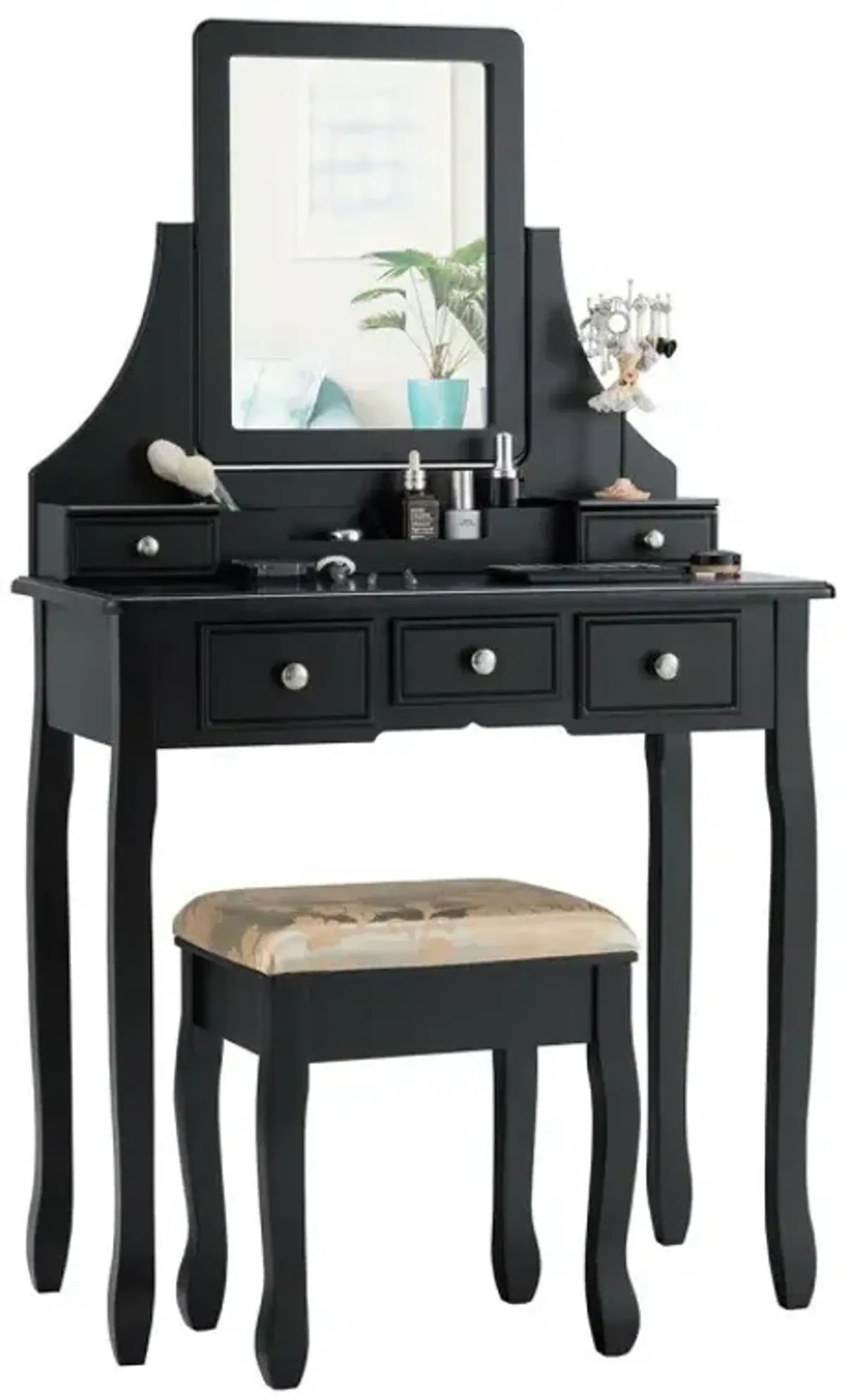 Makeup Vanity Set with Mirror and Cushioned Stool
