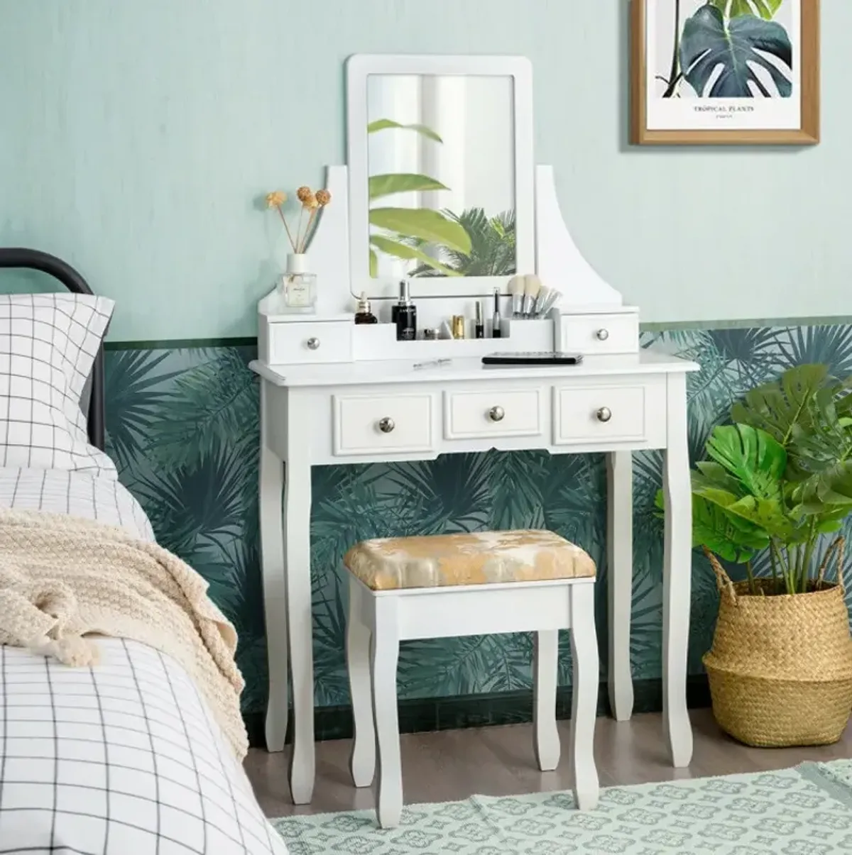 Makeup Vanity Set with Mirror and Cushioned Stool