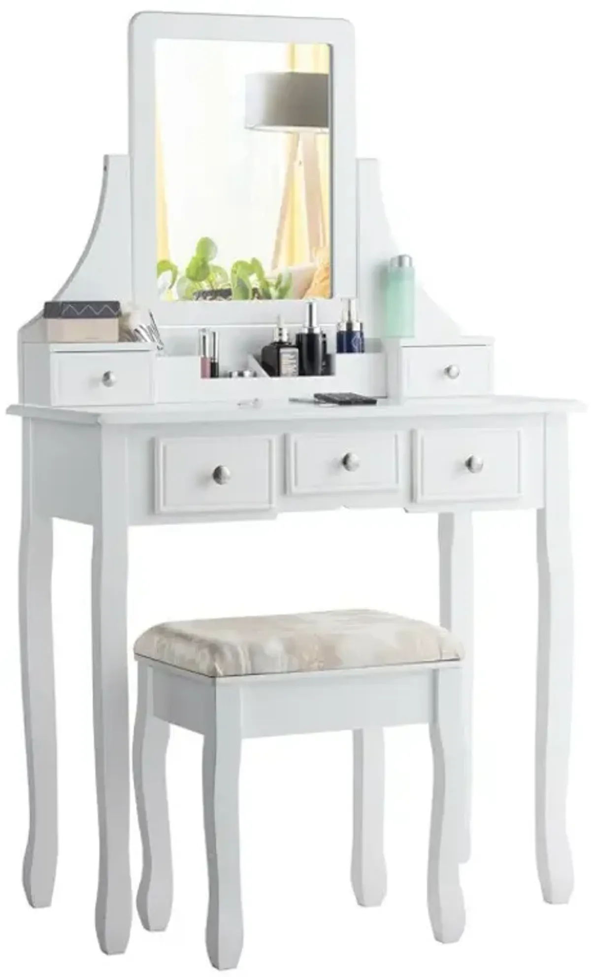 Makeup Vanity Set with Mirror and Cushioned Stool