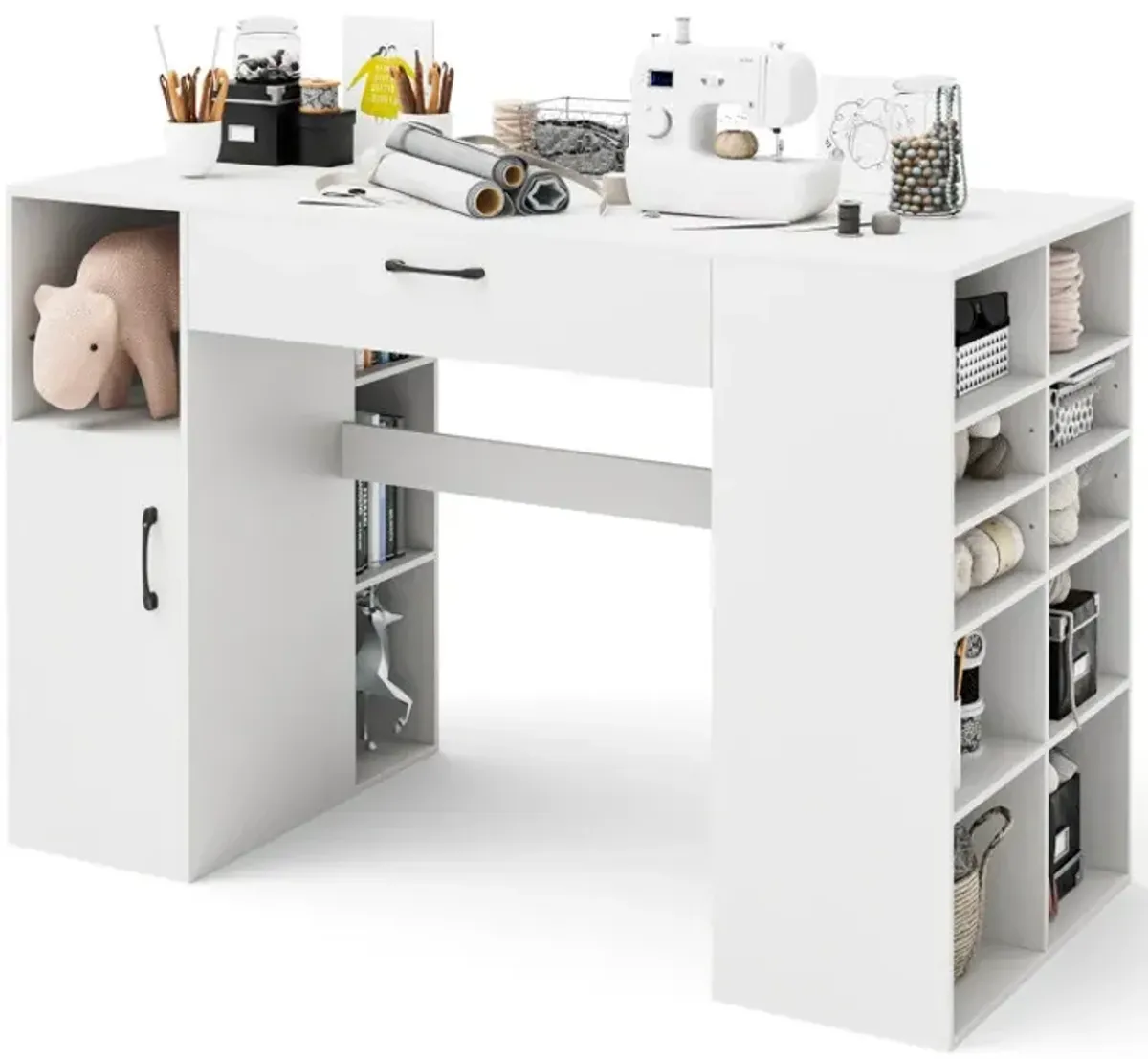 Counter Height Sewing Craft Table Computer Desk with Adjustable Shelves and Drawer